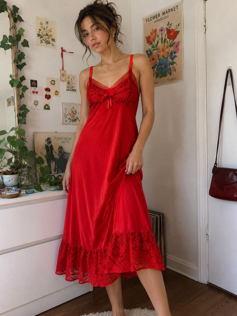 Vintage Red Lace Trim Nylon Slip Dress Nightgown Pin Up Boudoir Cottagecore S